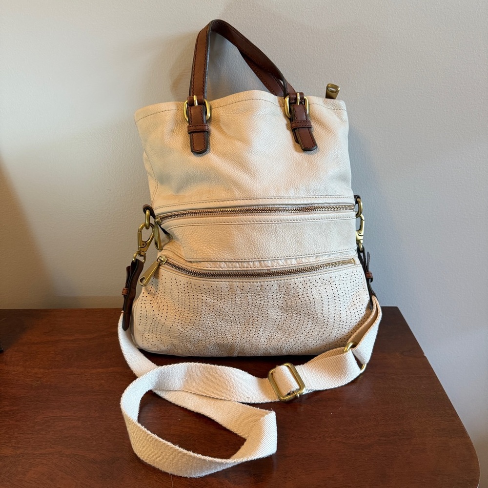 Fossil Cream Crossbody Tote with Brown Accents